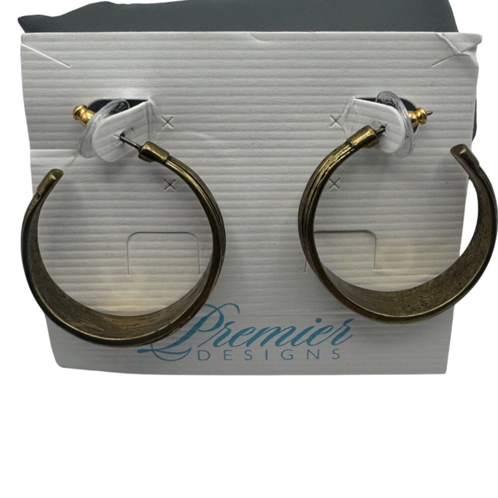 Premier Designs Brass Ribbed Open Hoop Earrings Gold-Tone Post Back Design New